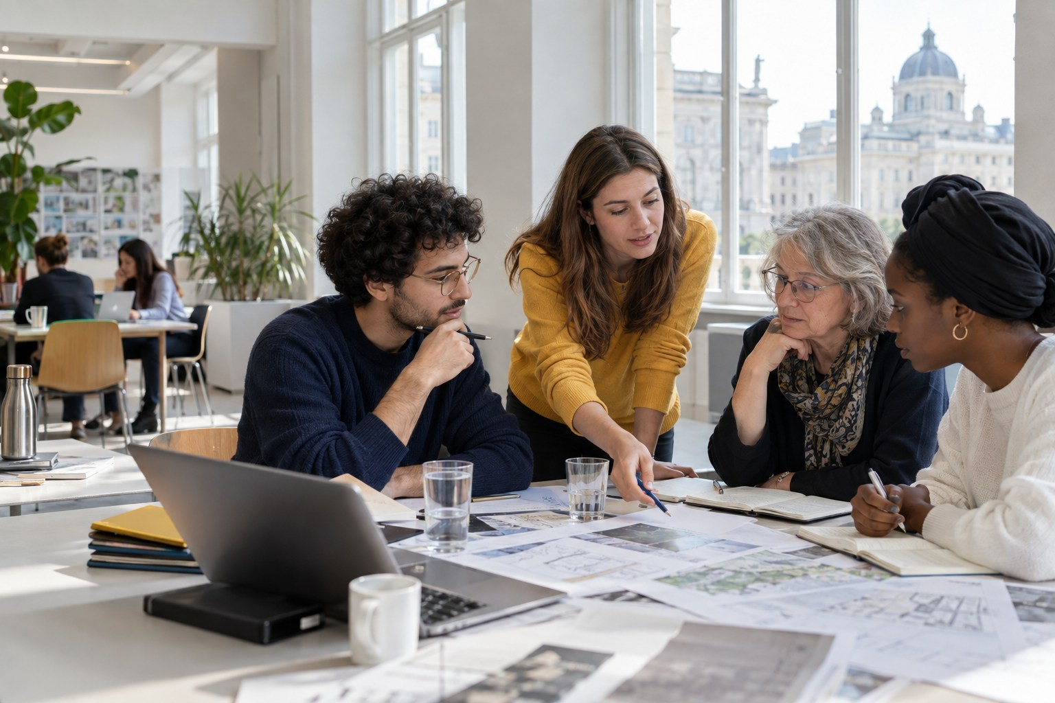 Illustrative image of people collaborating around a table in a Vienna-style workspace