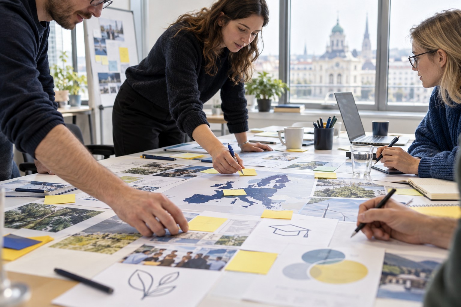 Illustrative image of a team planning collaborative work with a European perspective