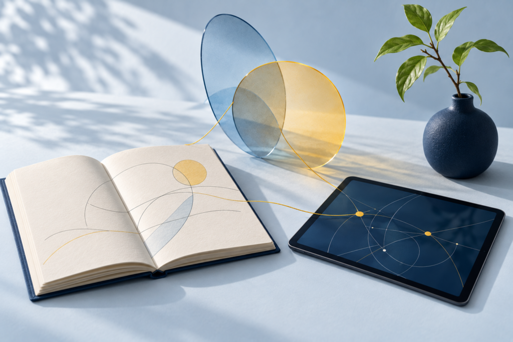 Editorial still life with an open notebook, a digital tablet, overlapping translucent shapes and a leafy branch connected by a golden thread.